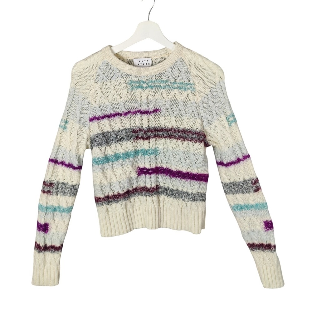 Tanya Taylor Womens Grandmacore Wool Mohair Cable Knit Sweater XS Cream Multi